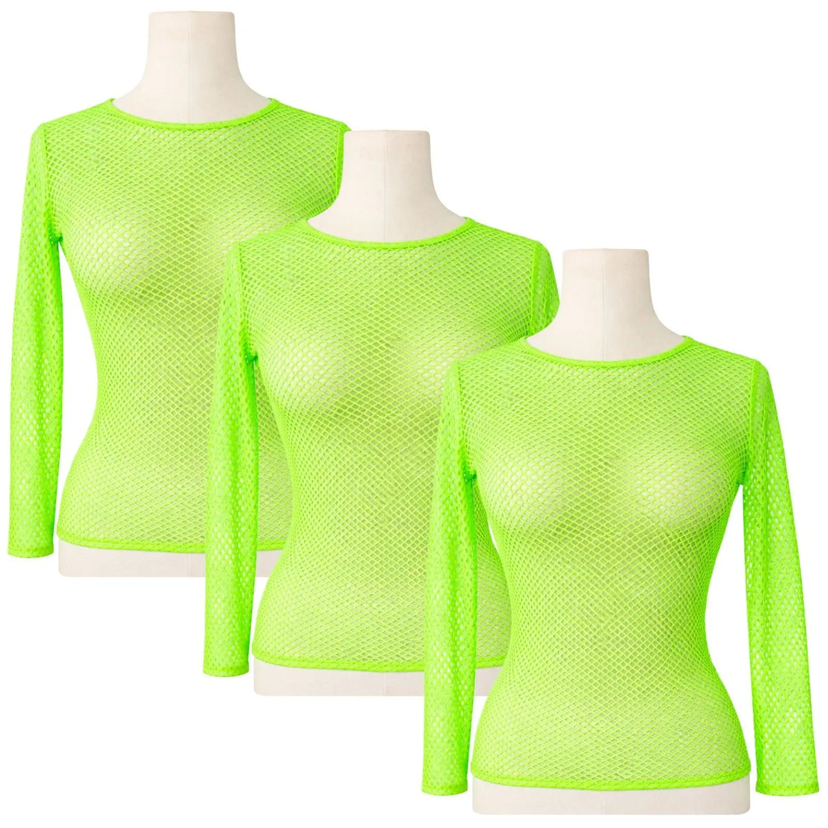 3x Womens Fishnet Mesh Tops Long Sleeve Sheer Stretch See Through - Fluro Green - Image 2