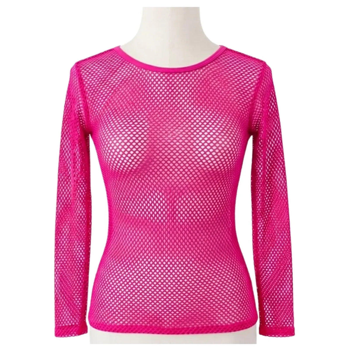 Womens Fishnet Mesh Top Long Sleeve Sheer See Through Party Costume - Hot Pink - Image 2