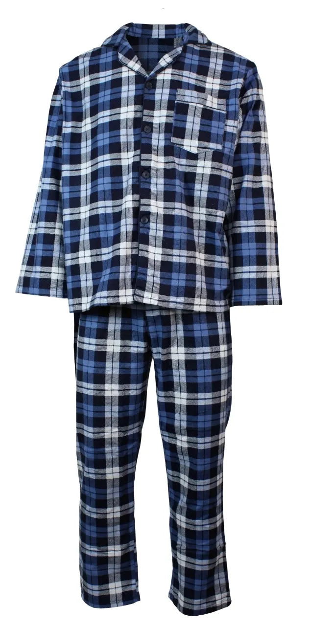 Mens Flannelette Pyjama Set Sleepwear Soft 100% Cotton PJs Two Piece - Blue/Multi Check - Image 2