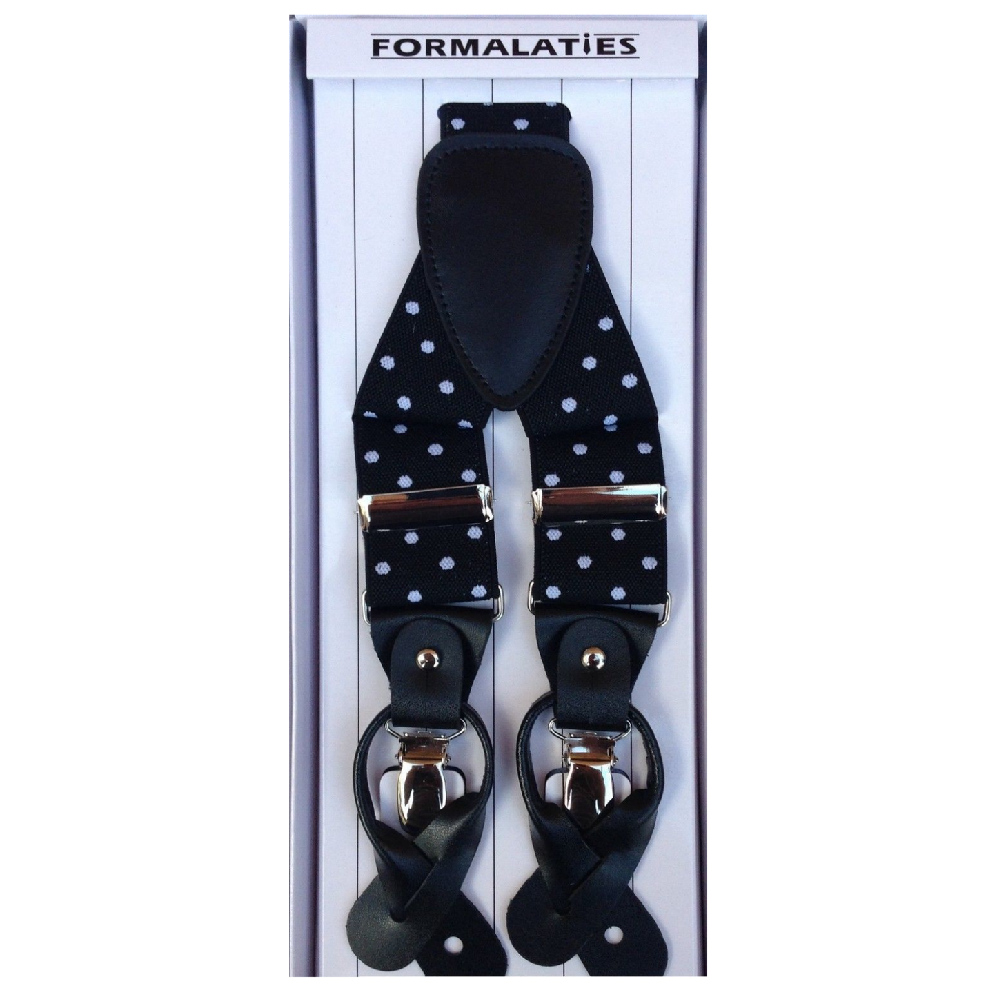 Mens Premium Convertible Suspenders Braces Clip On Elastic Y-Back Traditional Leather Tab - Polka Black/White - Image 2