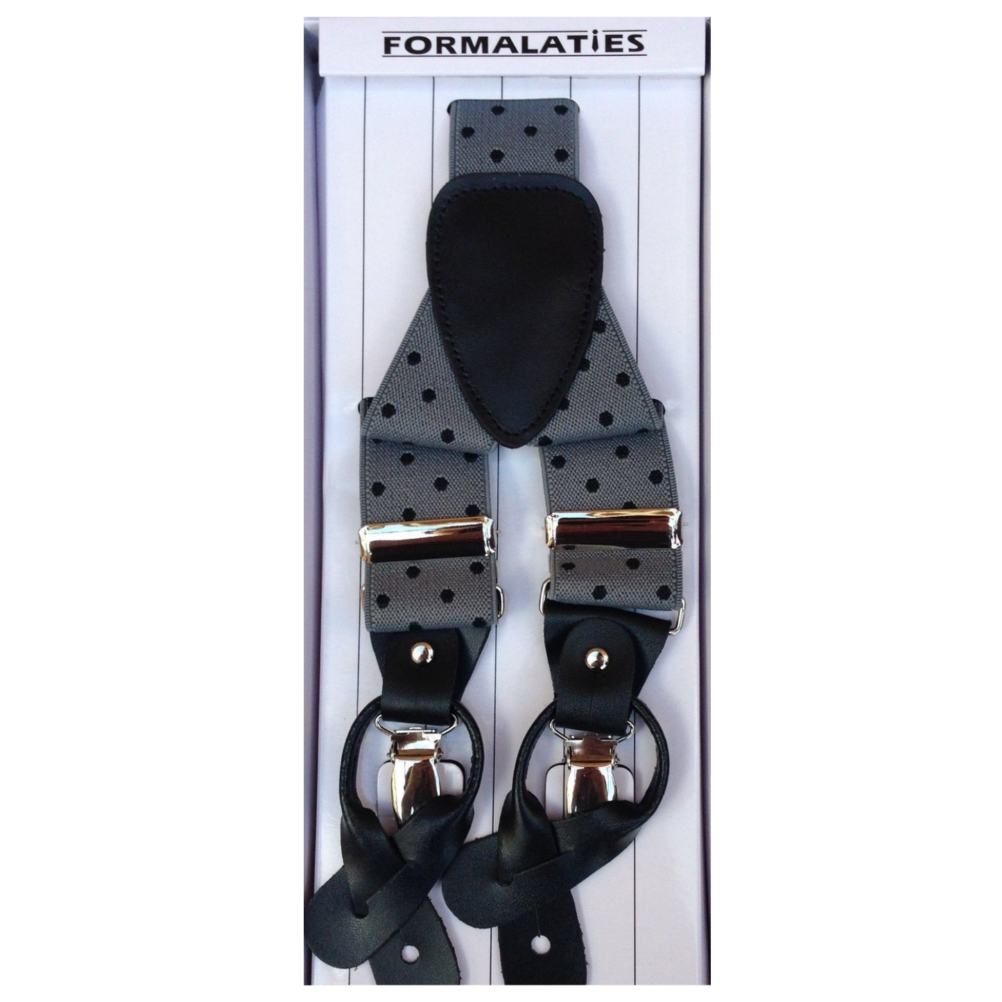 Mens Premium Convertible Suspenders Braces Clip On Elastic Y-Back Traditional Leather Tab - Polka Grey/Black - Image 2