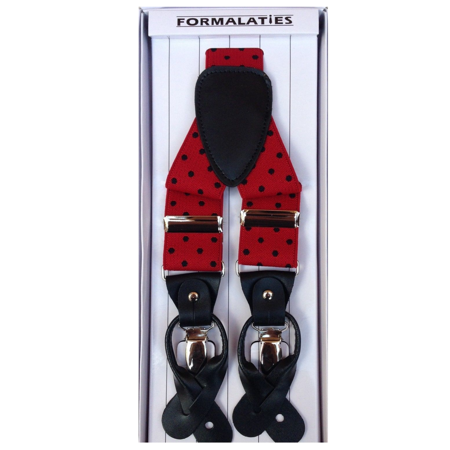 Mens Premium Convertible Suspenders Braces Clip On Elastic Y-Back Traditional Leather Tab - Polka Red/Black - Image 2