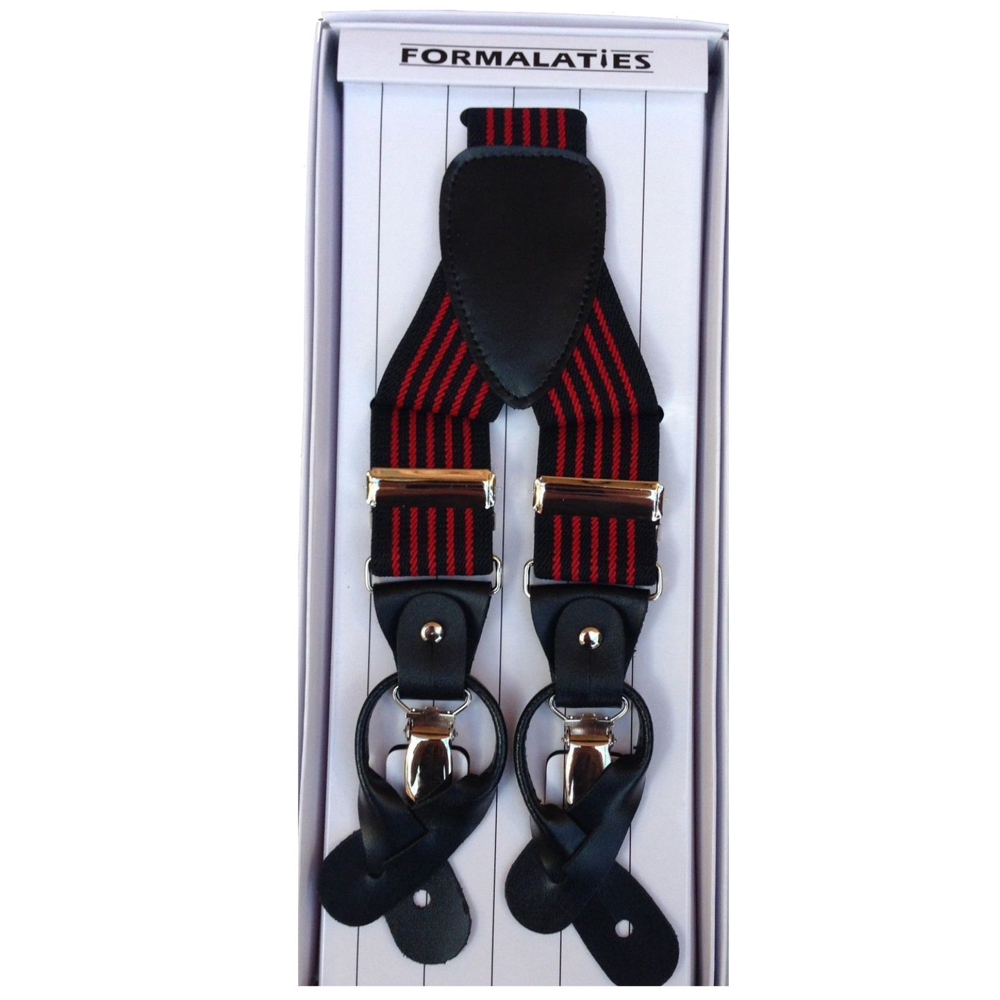 Mens Premium Convertible Suspenders Braces Clip On Elastic Y-Back Traditional Leather Tab - Stripe Black/Red - Image 2