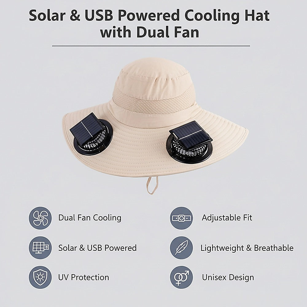 Solar & USB Powered Cooling Hat with Dual Fan – Khaki Outdoor Sun Hat - Image 9