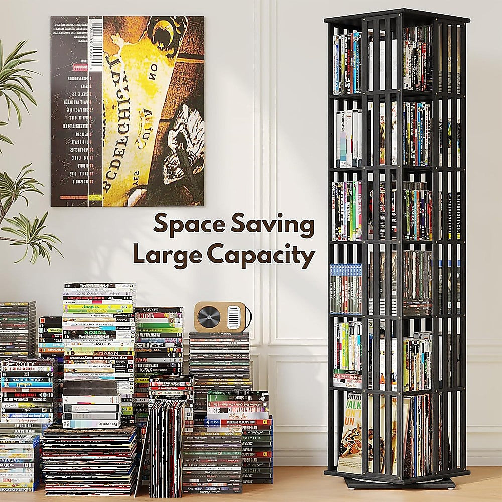 360 Rotating Bookshelf Bamboo Storage Display Rack Shelving in Black - Image 9