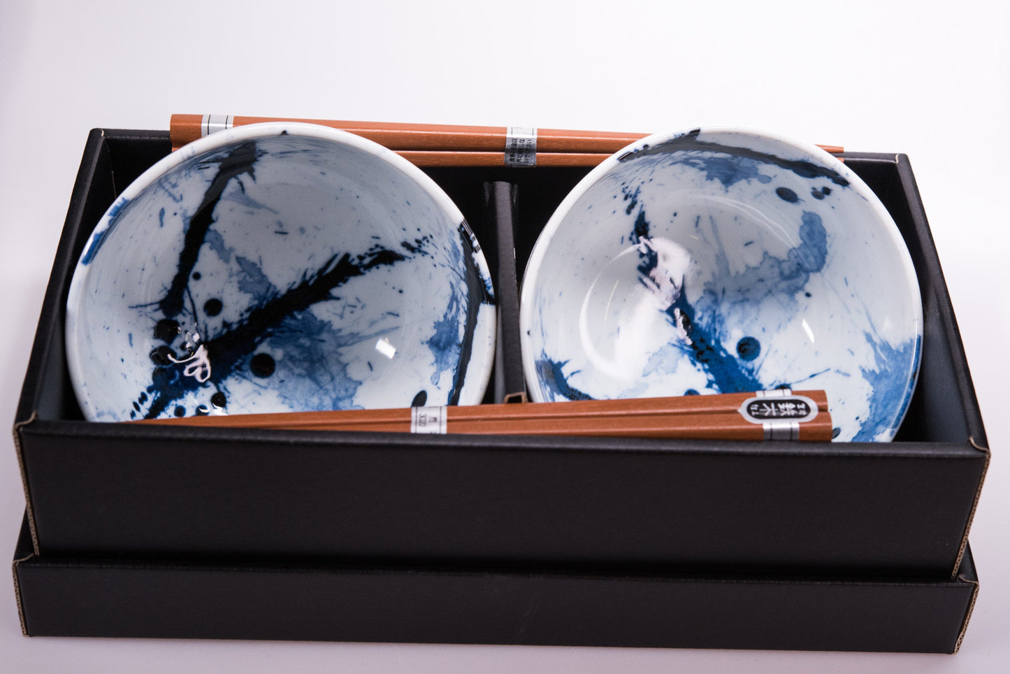 Bowl Set 2pcs with Chopsticks Blue White Splash Design - Image 5