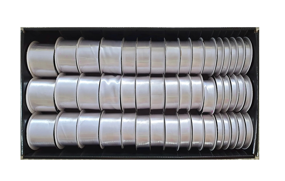 bulk 48 Roll All White Satin Ribbon Variety Sizes Displayed Box