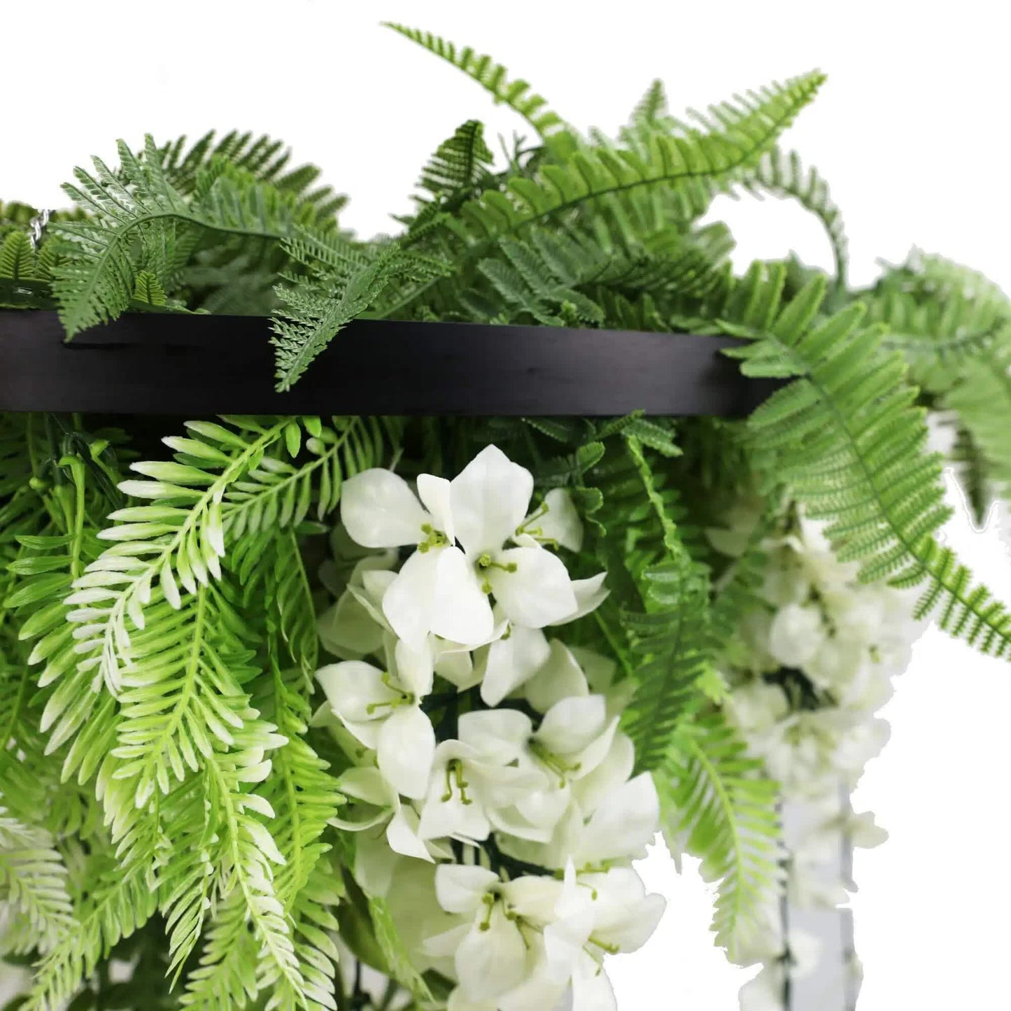 Black Framed Roof Hanging Disc With Draping Life-Like Wisteria Flowers UV Resistant 60cm - Image 3
