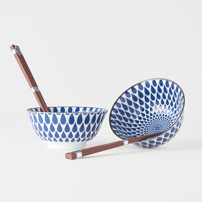 Bowl Set 2pcs with Chopsticks White Blue Teardrops Design - Image 5