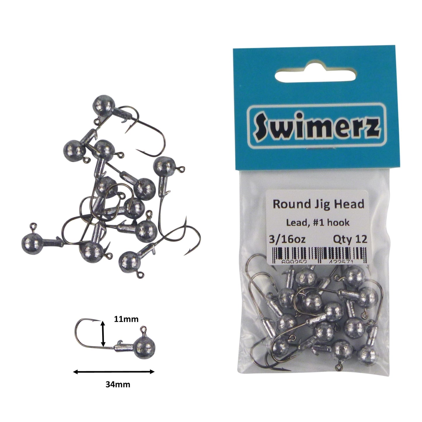 Swimerz Round Jig Head, 3/16 oz #1 Hook, 12 pack - Image 2