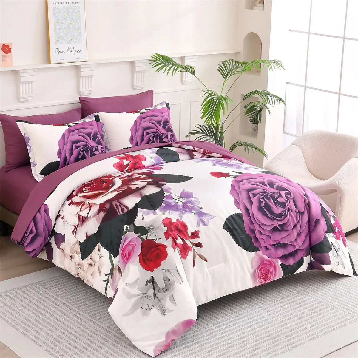 Magenta Purple Rose Garden Comforter Quilted Doona Set - Image 3