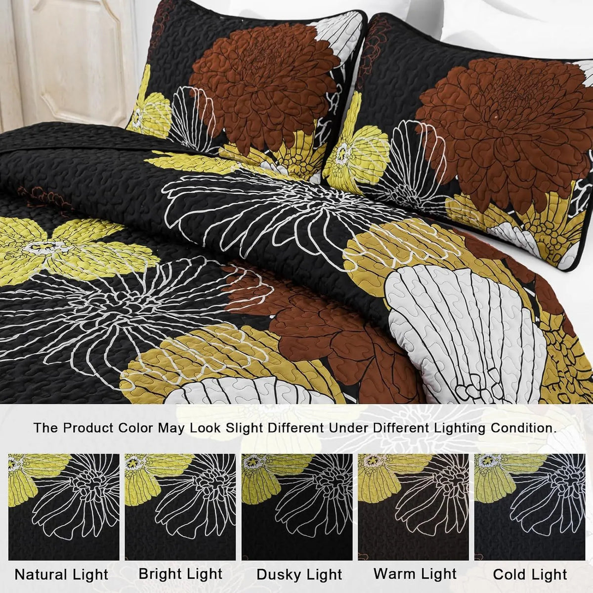 Black Floral Boho Royale Bedspread Coverlet 3 Piece Set - Image 6