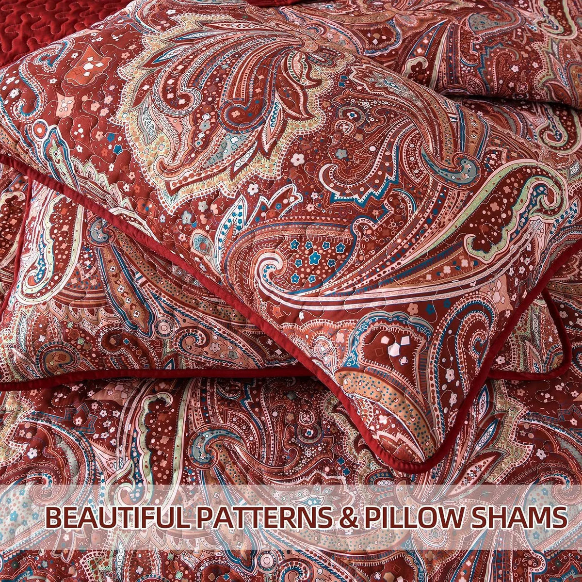 Red Paisley Floral Haven Bedspread Coverlet 3 Piece Set - Image 6