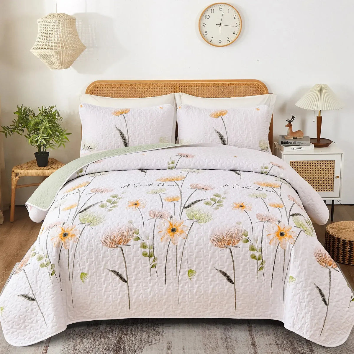 Ivory Daisy Meadow Bedspread Coverlet 3 Piece Set