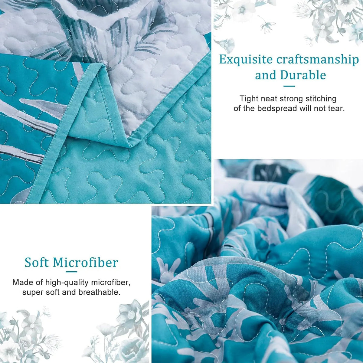 Teal Blue Floral Charm Bedspread Coverlet 3 Piece Set - Image 6