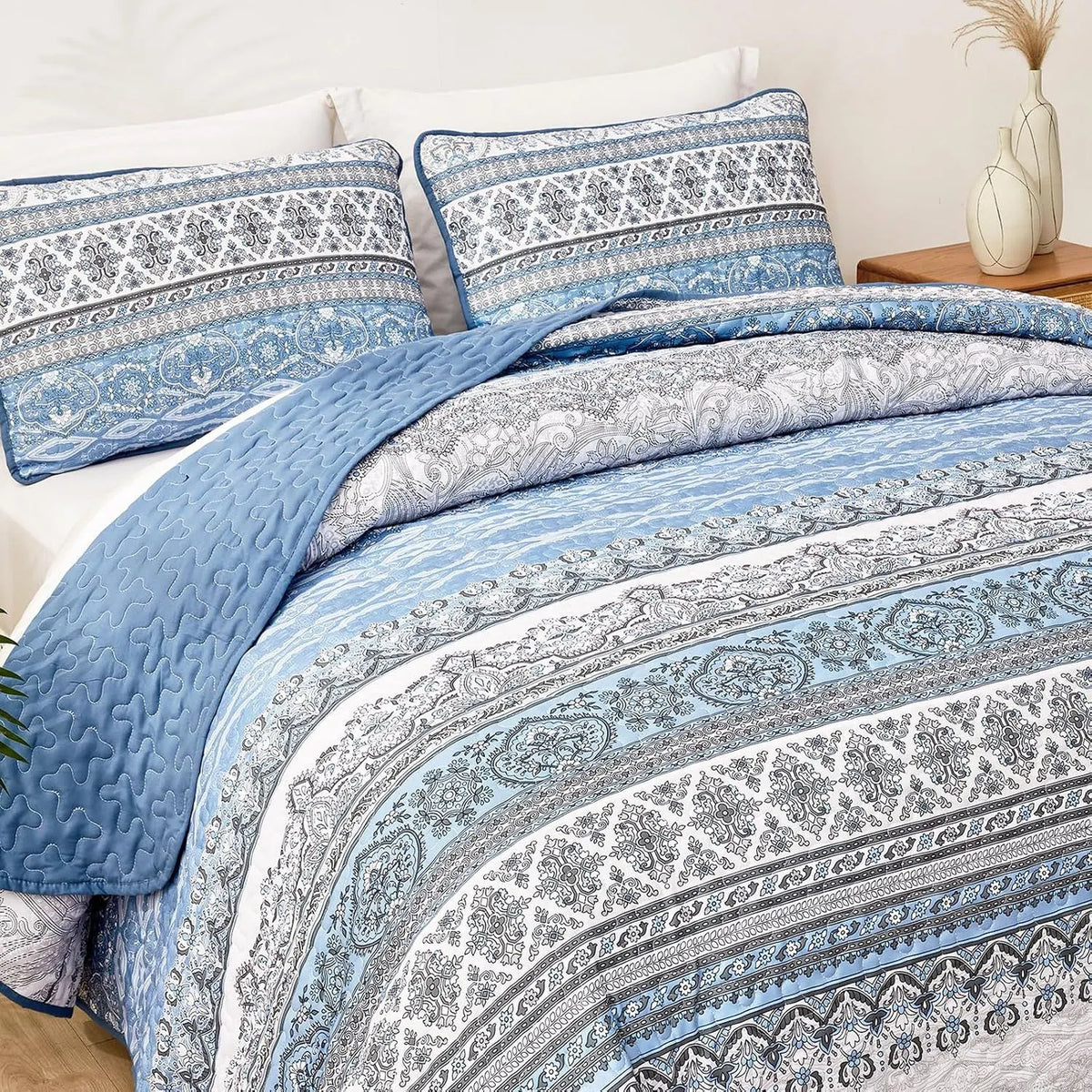 Light Blue Boho Royale Bedspread Coverlet 3 Piece Set - Image 6