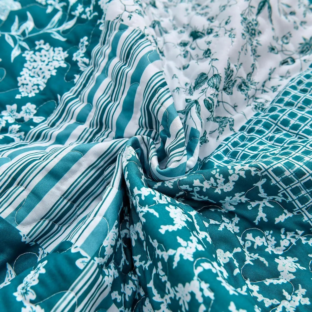 Teal Blue Floral Plaid Majesty Bedspread Coverlet 3 Piece Set - Image 6