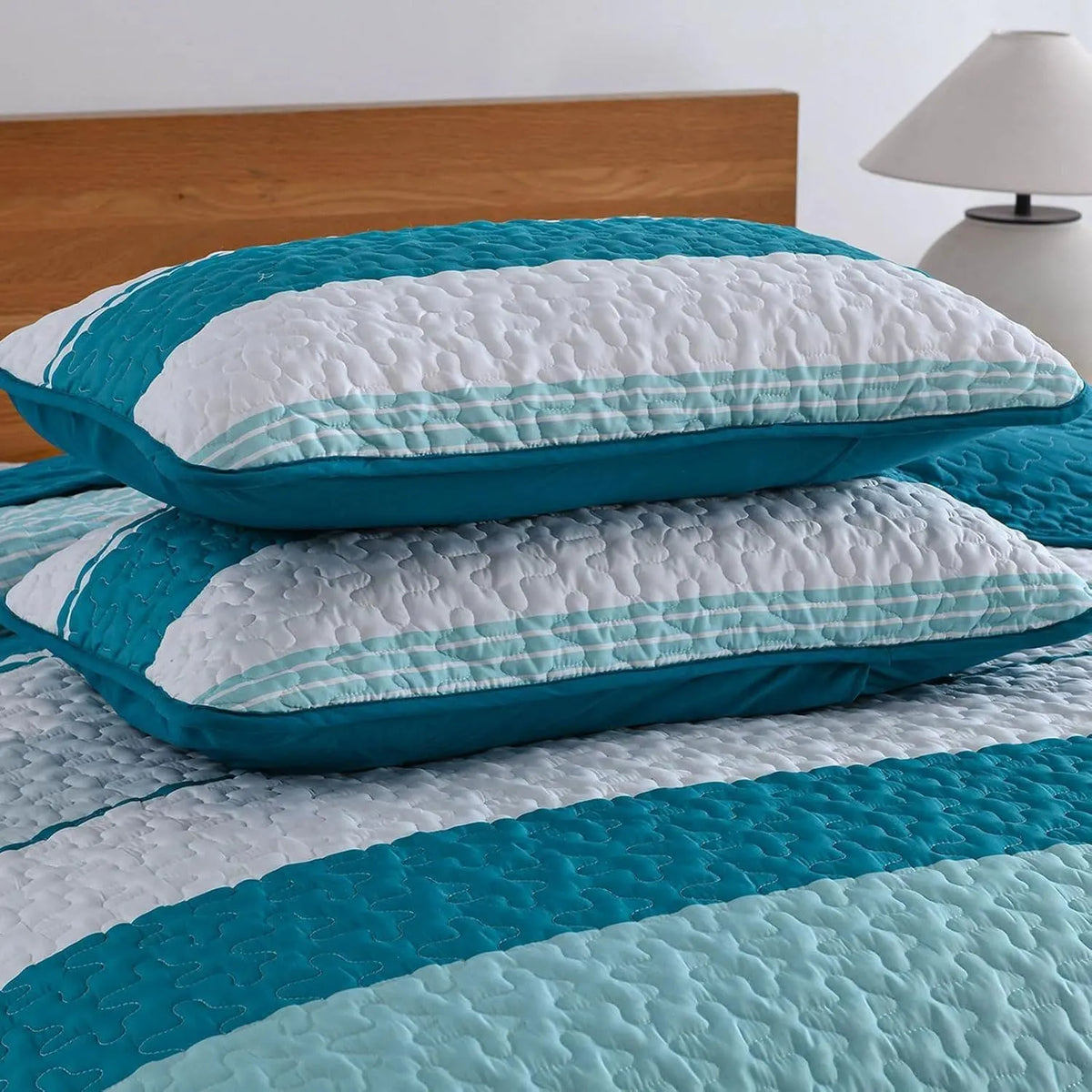 Teal Stripe Patchwork Vista Bedspread Coverlet 3 Piece Set - Image 7