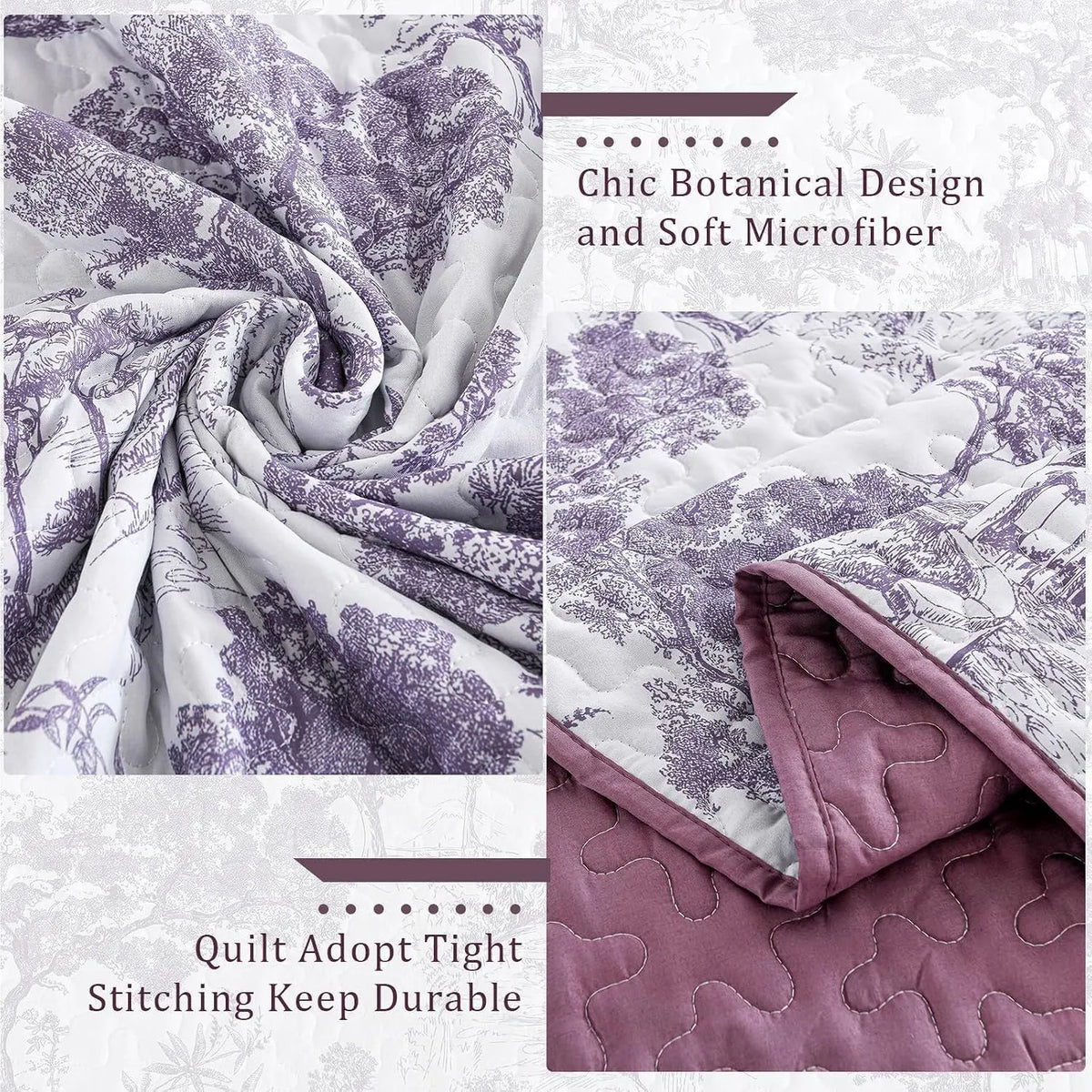 Purple Floral Botanical Meadow Bedspread Coverlet 3 Piece Set - Image 6