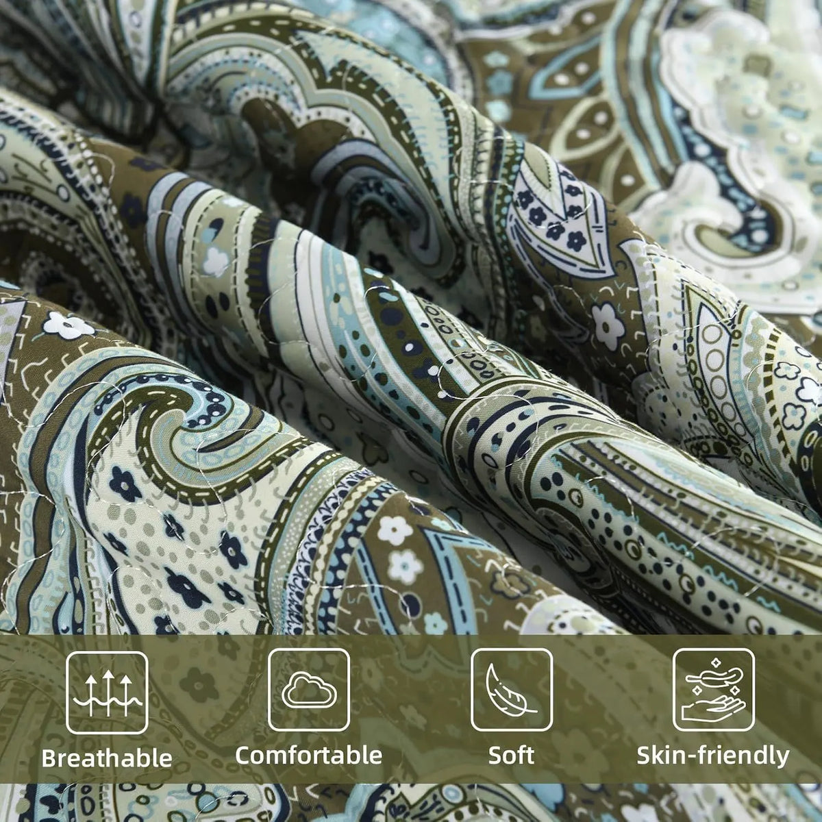 Green Paisley Boho Garden Bedspread Coverlet 3 Piece Set - Image 7
