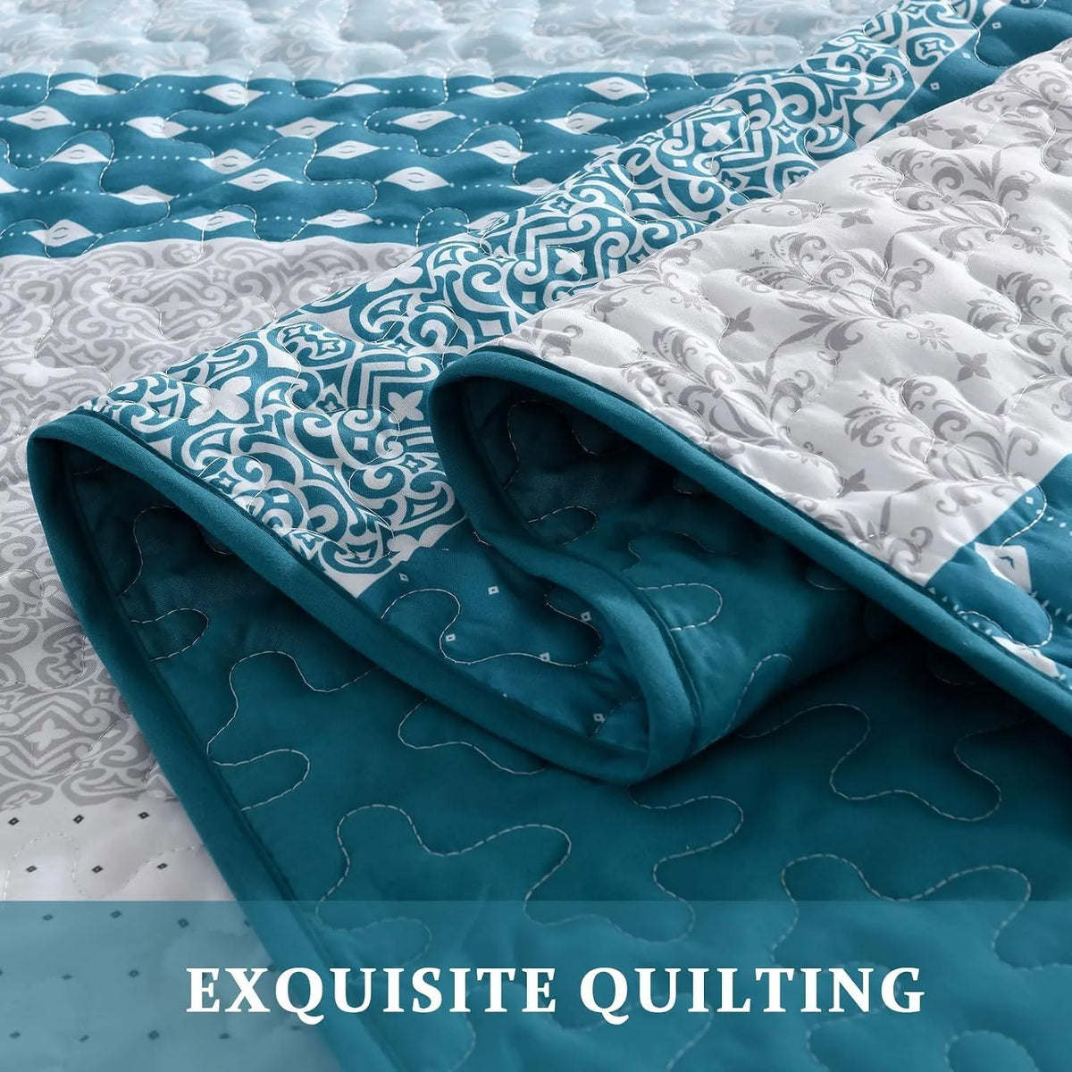 Teal Blue Stripe Boho Elysian Bedspread Coverlet 3 Piece Set - Image 7