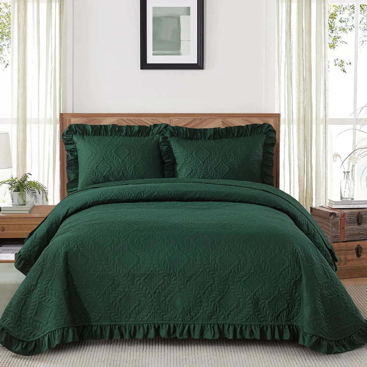 Blackish Green Solid Fringe Bedspread Coverlet 3 Piece Set