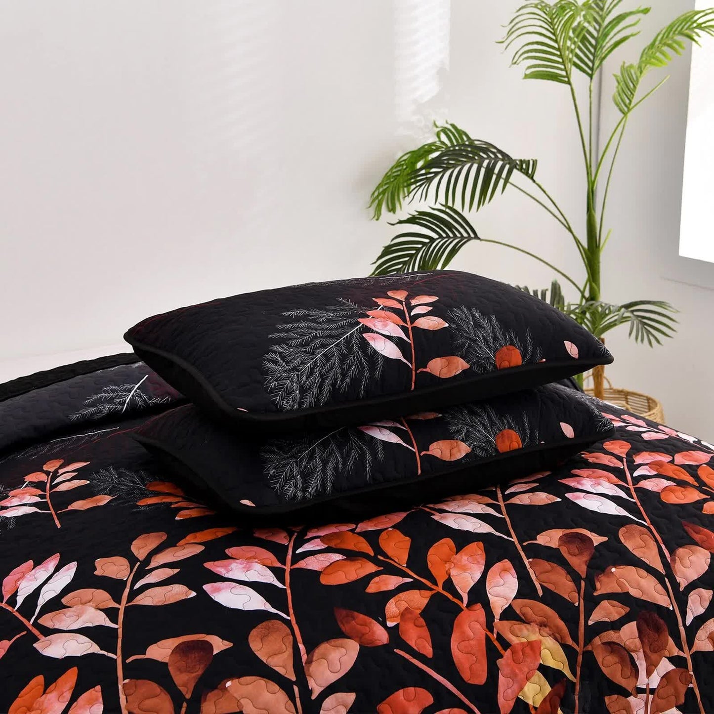 Black and Red Leaves Quilted Bedspread & Pillowcase Set - Image 8