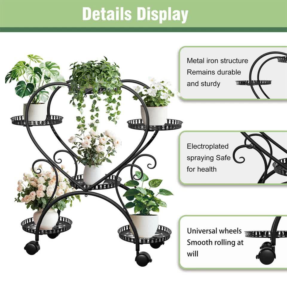 6 Potted Heart-shaped Metal Tall Plant Stand Rolling Garden Cart Flower Racks AU - Image 9