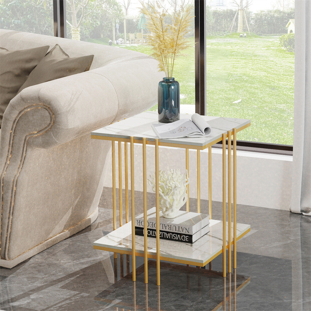 2 Tier End Table Bedside Tables Sintered Stone Nightstand Display Storage Shelf - Image 7