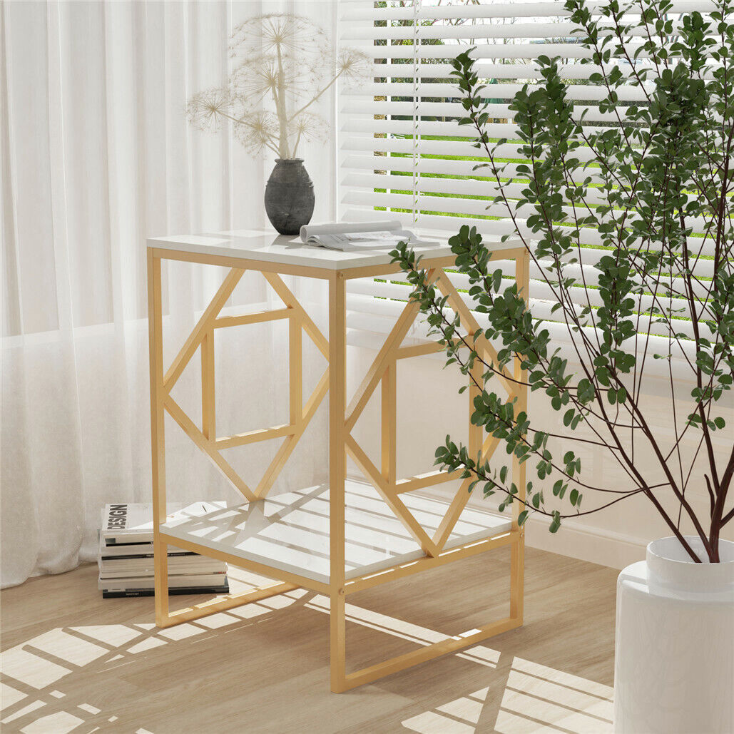 White Marble Gold Side Table Living Room End Accent Table Nightstand with Shelf - Image 6