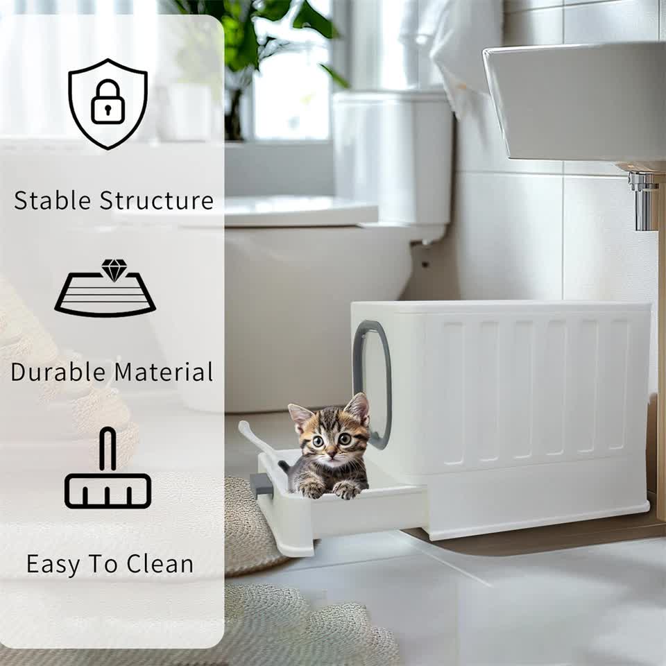 Big Top Entry Deep Tray Enclosed Kitty Cat Litter Box Easy To Clean Pull Handle - Image 9