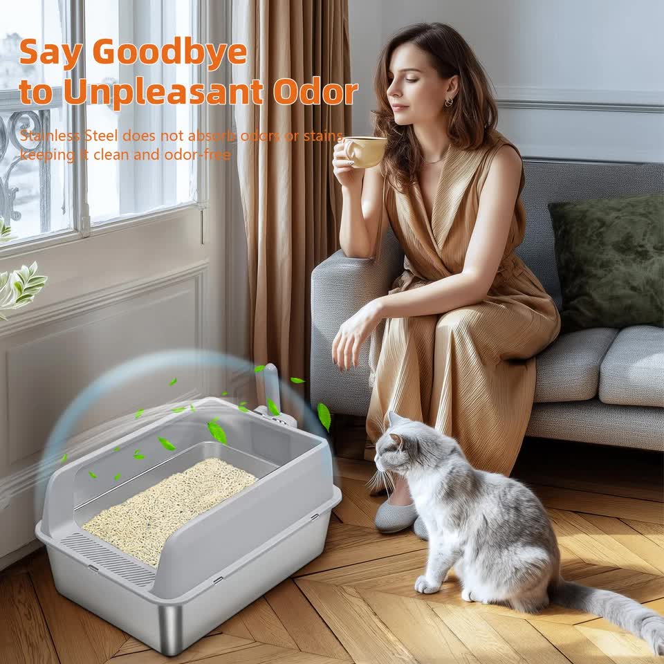 P&P Grey Silver Stainless Steel Cat Litter Box with High Sides, Open Top and Scoop - Image 9