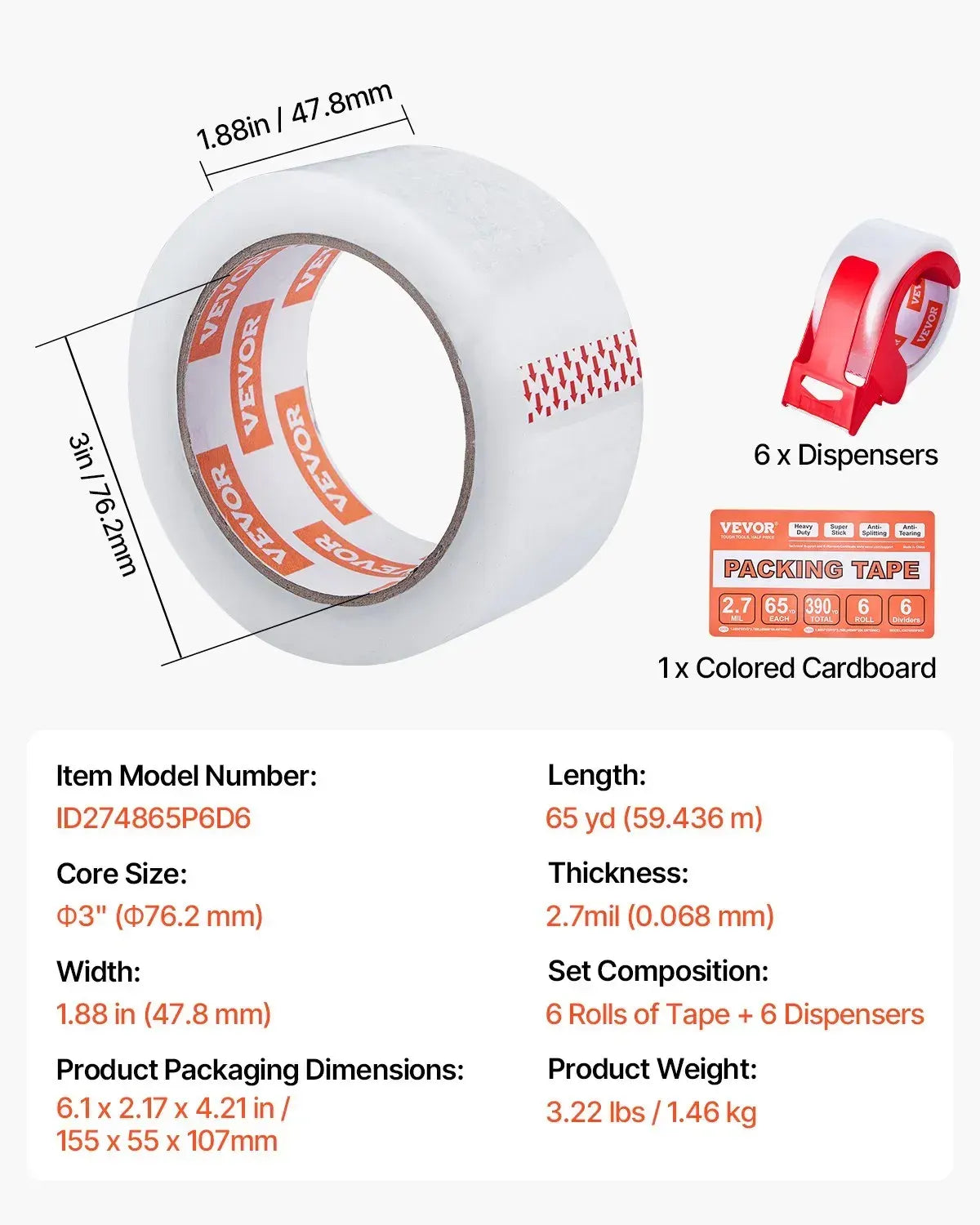 Clear Packing Tape, 3 inches Core, 6 Rolls 1.88 Inches x 65 Yards Packing Tape with Dispenser, 2.7 Mil Heavy Duty Packaging Tape Designed for Moving, Storage and Packing, Shipping and Mailing - Image 5