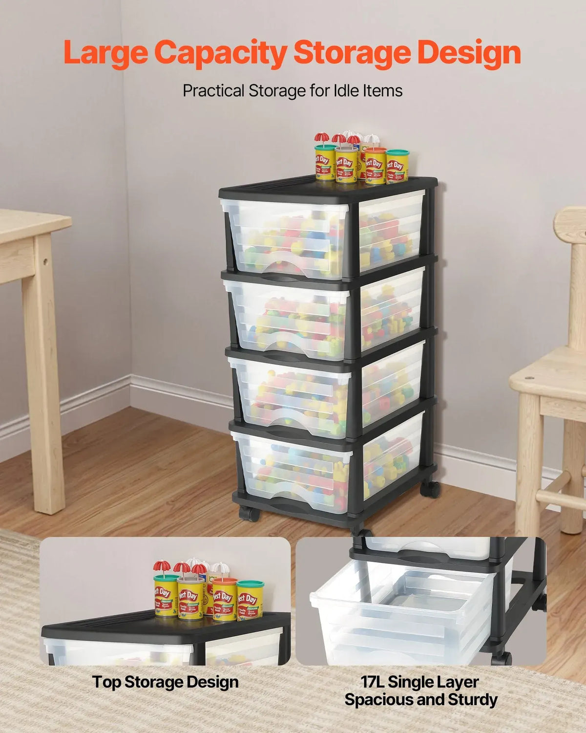 Plastic Storage Drawers Cart, 4 Drawers Storage Organizer with Wheels, Rolling Closet Organization and Storage Dividers, Dresser Organizer Clear Bins for Office Supplies, Craft Rooms, Classrooms - Image 5