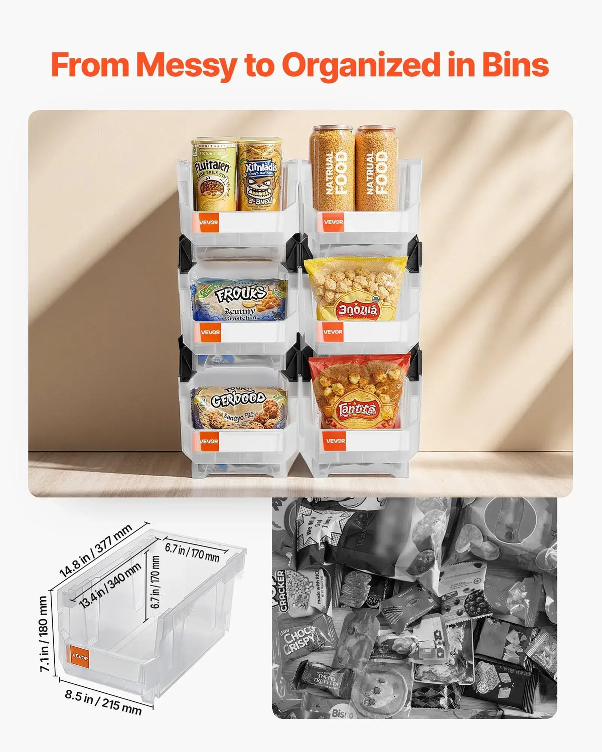 Plastic Stackable Storage Bins, 37.7 x 21.5 x 18 cm (6 Pack), Garage, Small Parts, Office Supplies, Transparent - Image 5