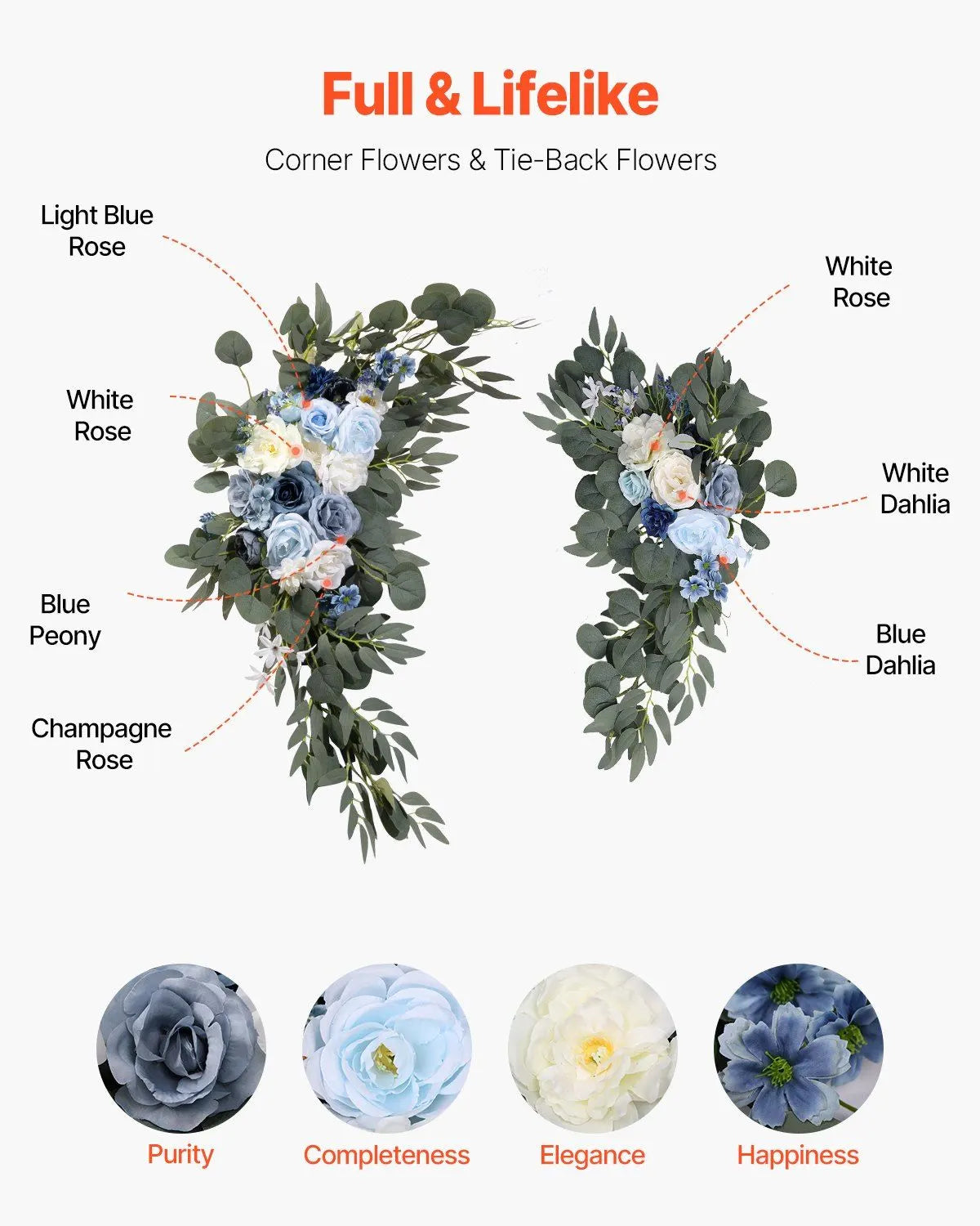 Blue Artificial Wedding Arch Flower Kit with Sheer Drapes (4-Piece Set) - 2 Floral Arrangements & 2 Drape Panels for Ceremony Arch, Reception Backdrop & Bouquet Decor - Image 5