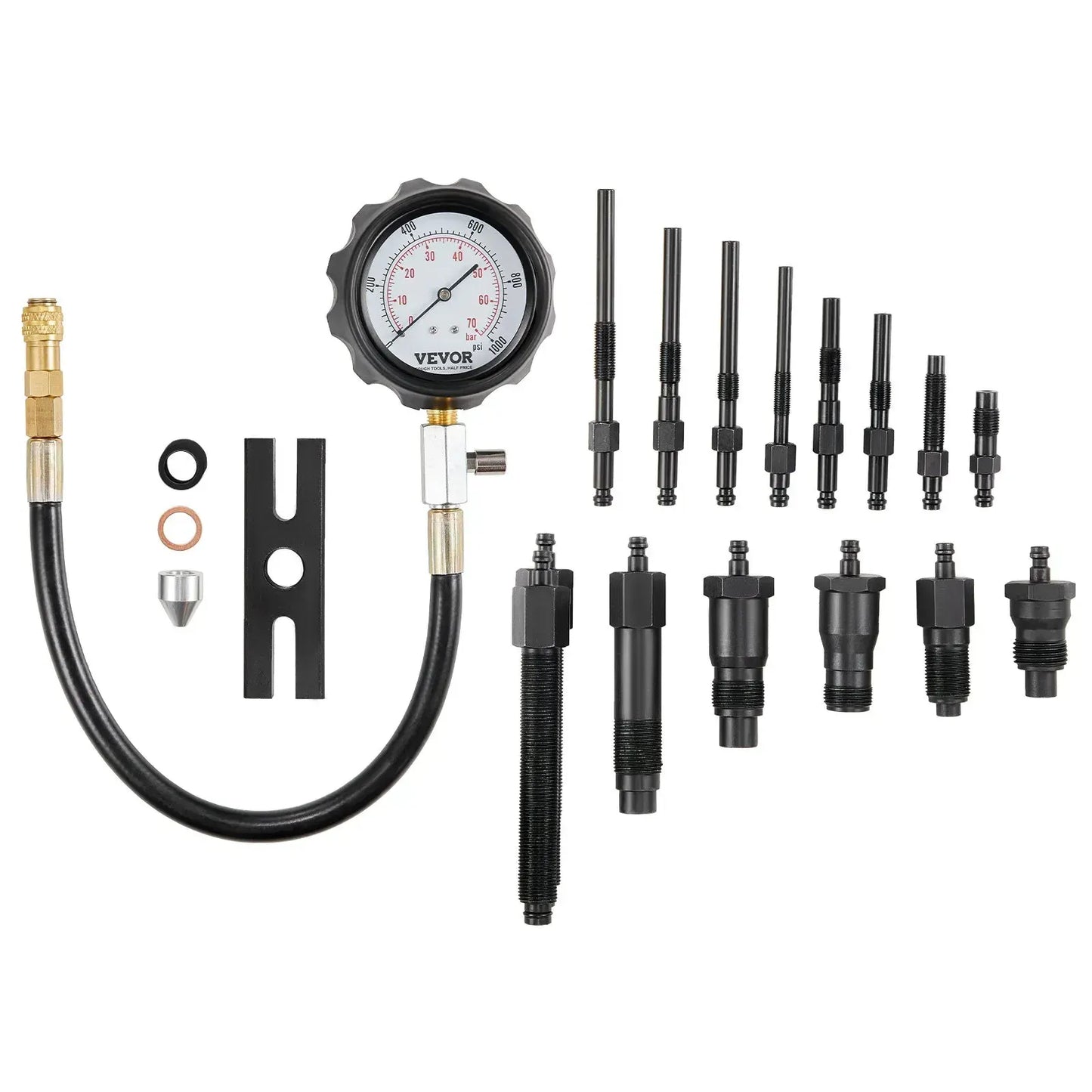 Diesel Engine Compression Tester, 18 pcs Cylinder Pressure Test Tool Kit, with 0-1000 psi Gauge and Adapters, Equipment - Image 2