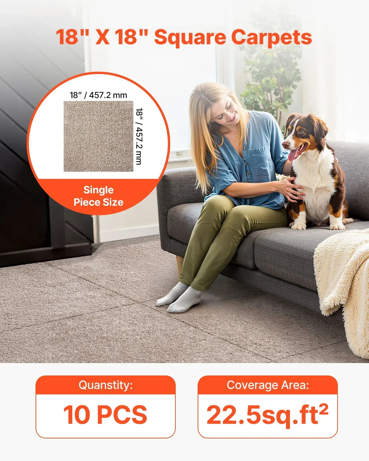 Carpet Tiles 457x457 mm, 10 Pack Carpet Square Rug Detachable & Damage-free, Light Brown - Image 5
