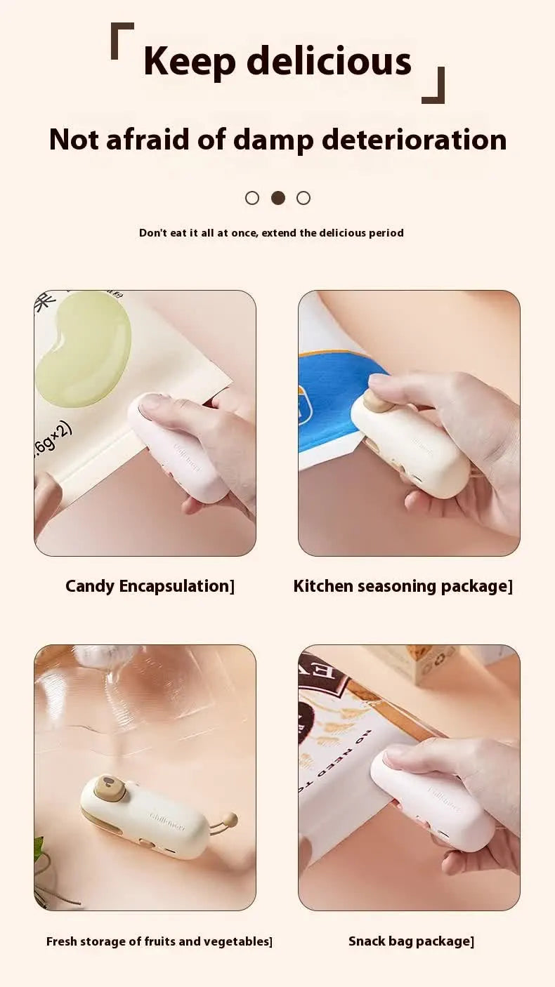 2 Pcs Light Brown Bear Mini Handheld Heat Sealing Machine for Food Bags - Compact, Portable, USB Rechargeable - Image 5