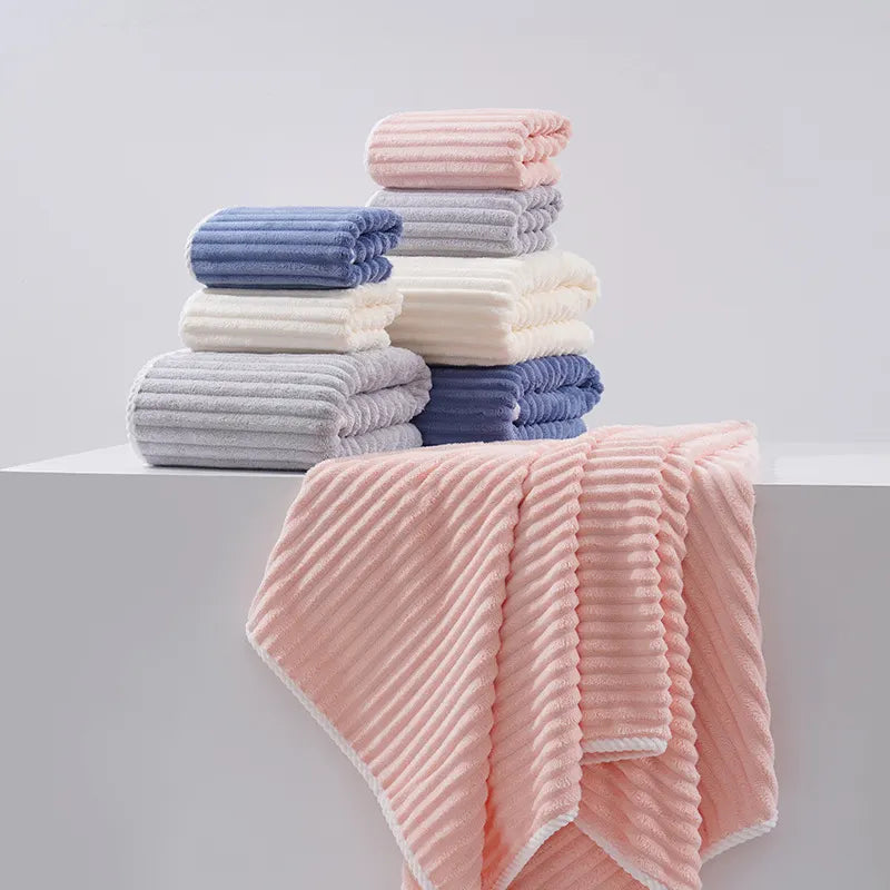 Grey Soft Candy Stripe Coral Fleece Bath Towel and Washcloth Set, Ultra Absorbent, Skin-Friendly - Image 3