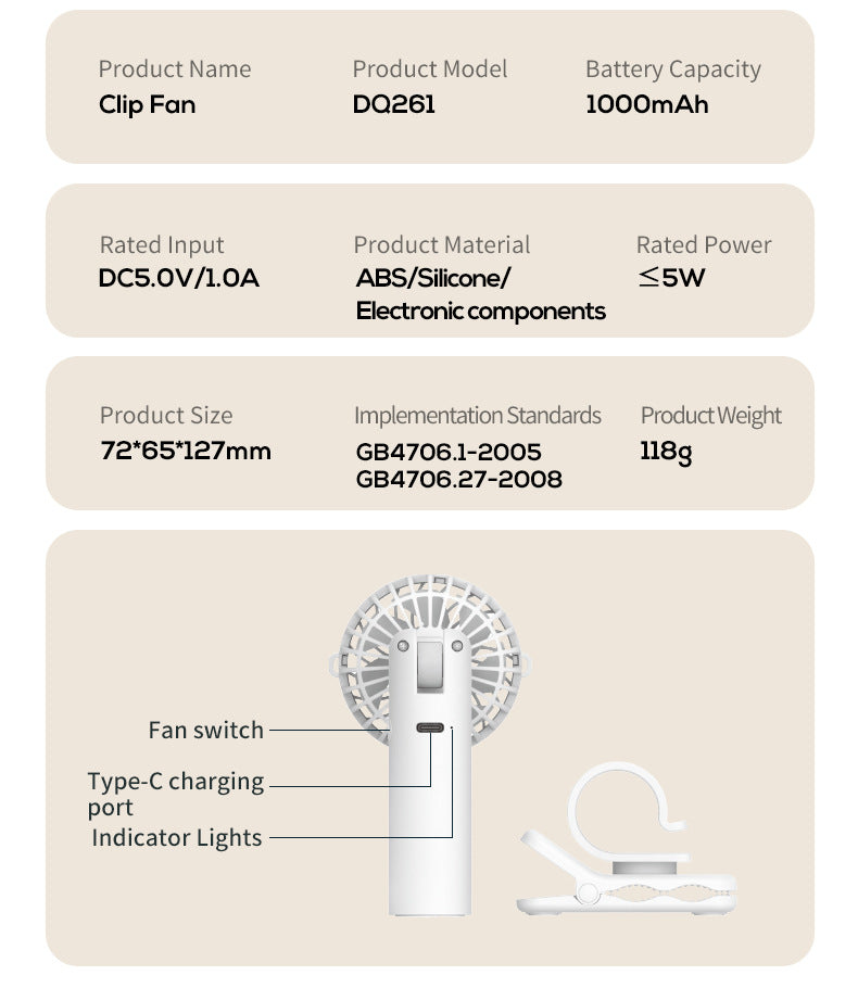 White Portable Multifunctional Clip Fan DQ261 - 1000mAh Battery, 3-Speed, Quiet Cooling for Summer - Image 6