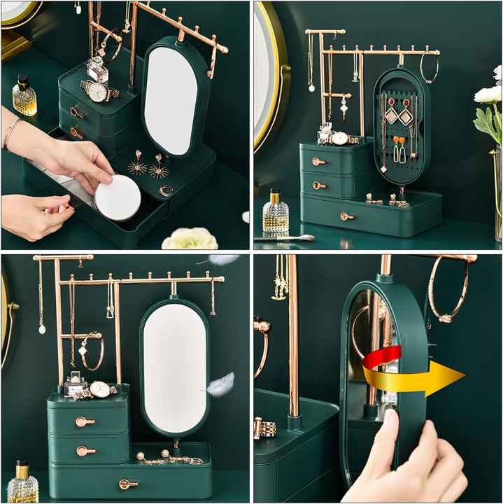 Elegant Cream Color Jewelry Organizer with Mirror - Multi-Layer Storage & Display Stand (25x15x37.5cm) - Image 5