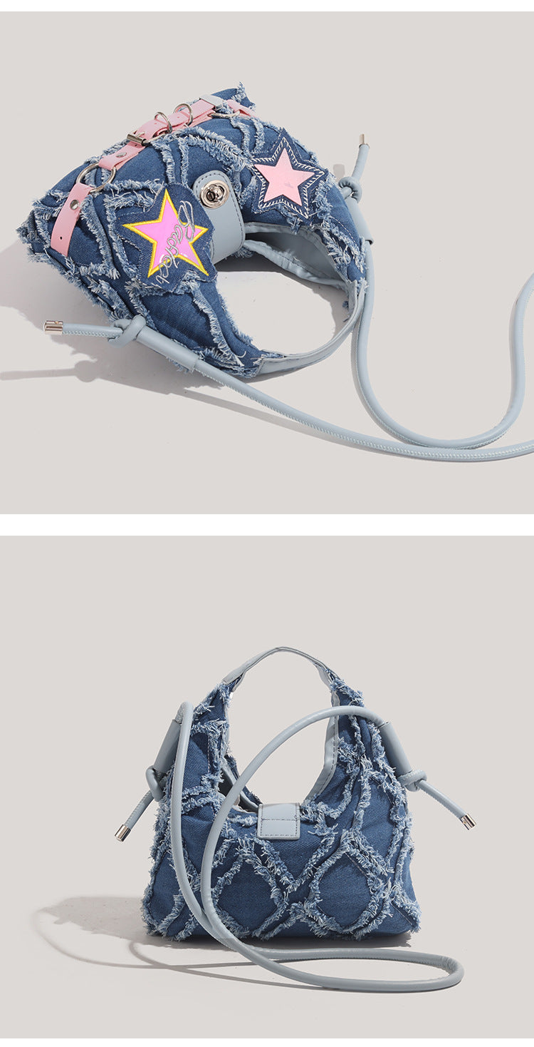 Trendy Denim Crescent Bag - Distressed Star Punk Style Crossbody Handbag - Chic Small Hobo Bag for Women - Spicy Girl Streetwear Aesthetic - Image 6