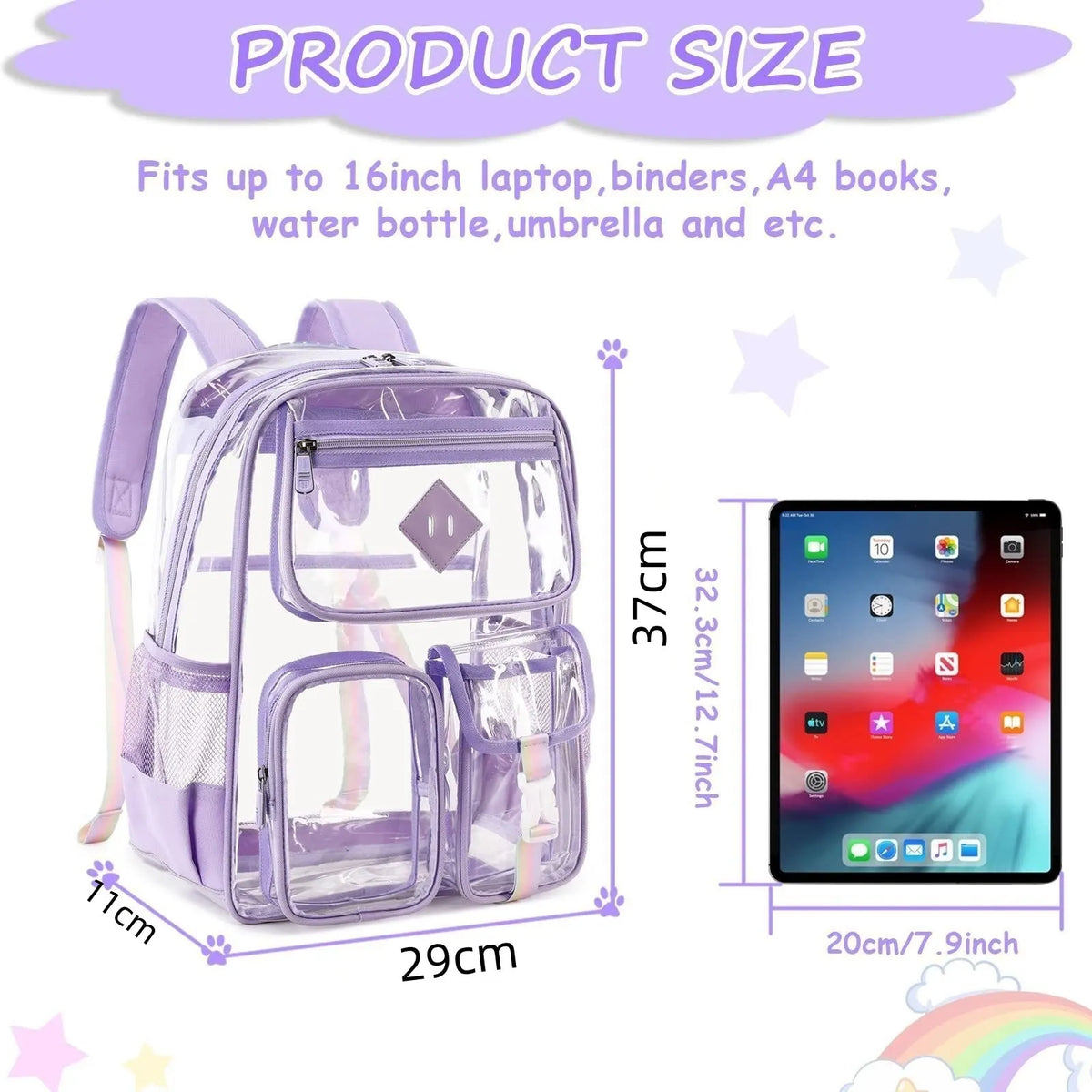 Heavy Duty Clear Transparent Backpack with Purple - Large Capacity PVC Bookbag for School, Stadium, and Gym - Fits 16-Inch Laptop, Binders and A4 Books - Image 5