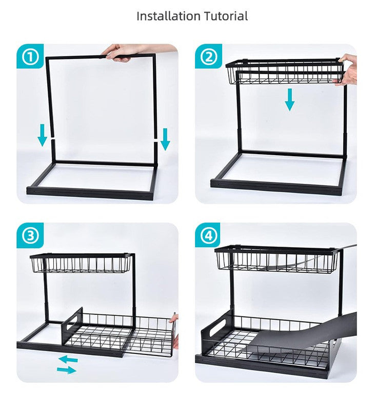 2-Tier Under Sink Organizer and Storage - Heavy Duty Metal Pull-Out Cabinet Organizer, L-Shaped Sliding Drawer Rack for Kitchen, Bathroom, and Pantry - Black - Image 6