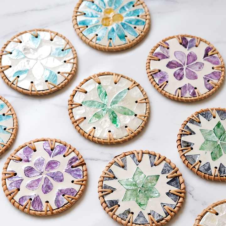 4 Pcs Beige Background With Blue and Pink flower Handcrafted Rattan Coaster with Natural Shell Inlay - Decorative & Heat Insulating Drink Mat - Image 6