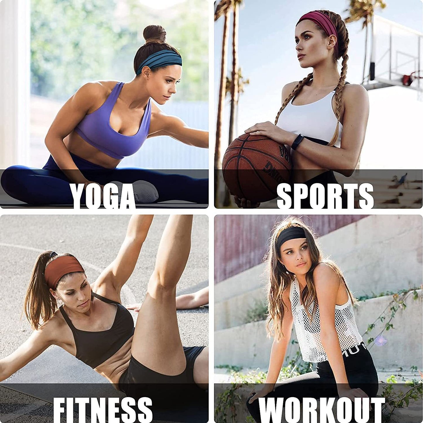 Grey 5-Pack Wide Sports Headbands for Women - Non-Slip Yoga Headwraps with Sweat-Wicking Fabric (88% Nylon+12% Spandex) - Image 4