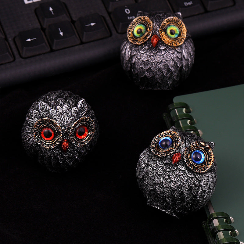 Set of Three Groups of Three Colors Small Decorative Resin Owl Figurine - Textured Statue with Blue Eyes(Blue, Green, Red) - Image 3