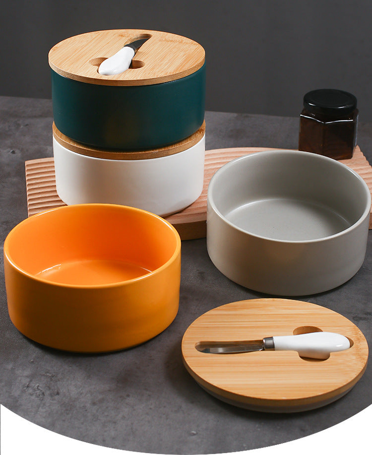 Green Nordic Ceramic Butter Dish with Knife - Airtight Cheese Container with Bamboo Lid, Kitchen Storage - Image 6