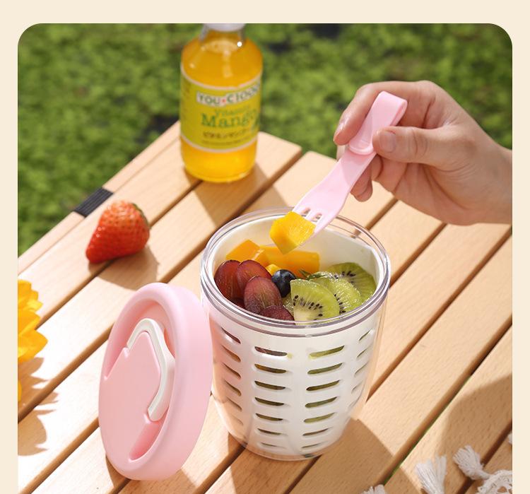 Green Double Layer Salad Cup with Fork - Leak-proof Fruit Container, Drain Design, Portable Oatmeal and Picnic Jar - Image 5